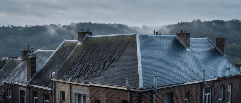 Versant nord couvert de mousse et versant propre sur des maisons de rang liégeoises