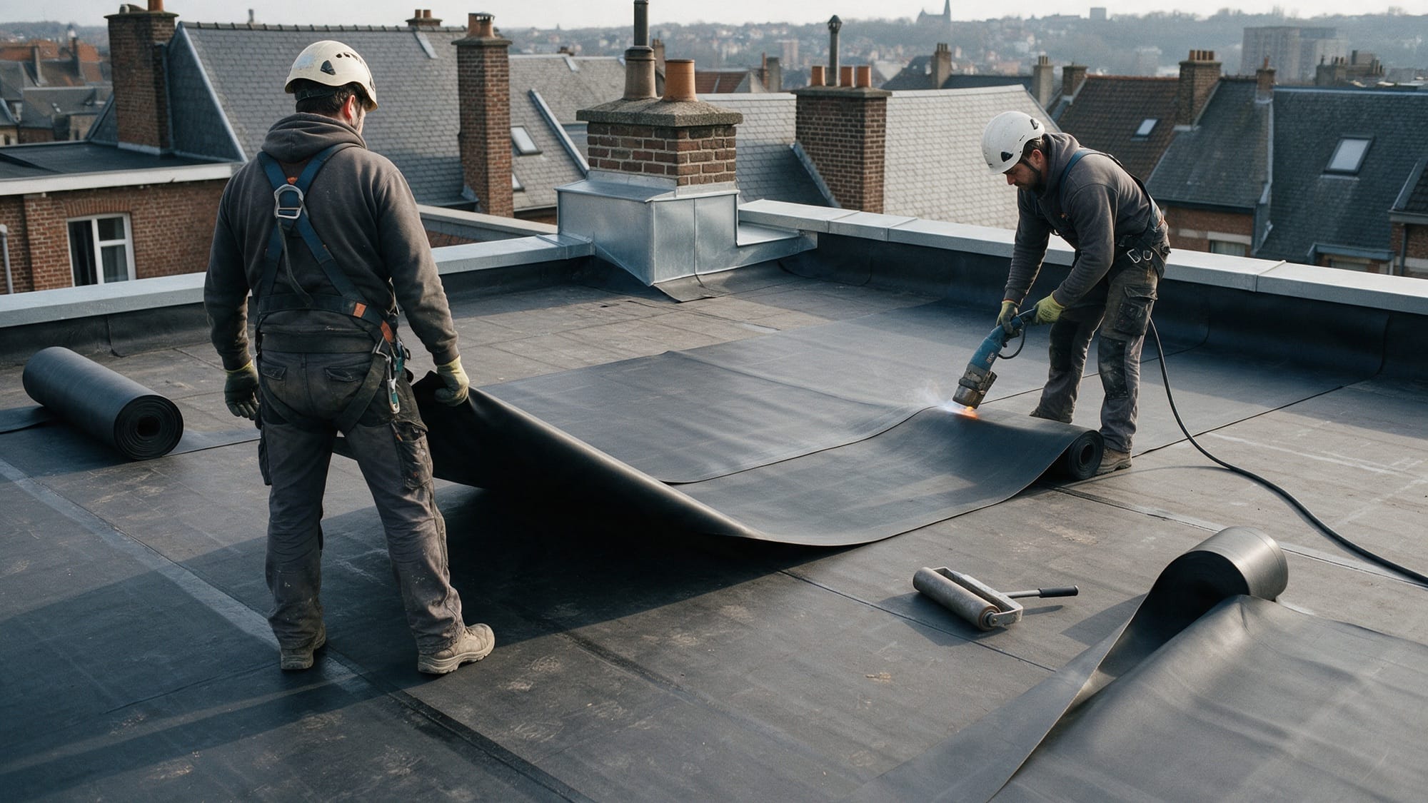 Deux couvreurs déroulant et soudant une membrane EPDM sur un toit plat liégeois