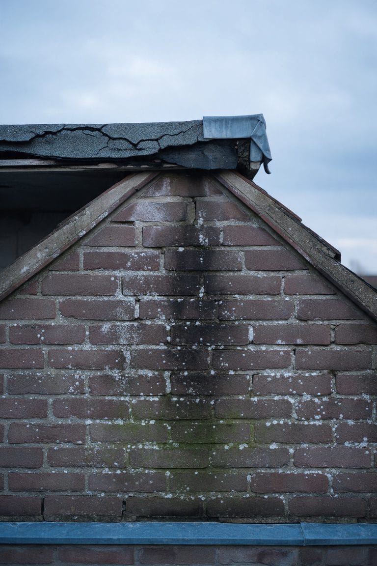 Mur pignon en brique piqué de salpêtre sous une étanchéité fissurée et un solin de zinc décollé