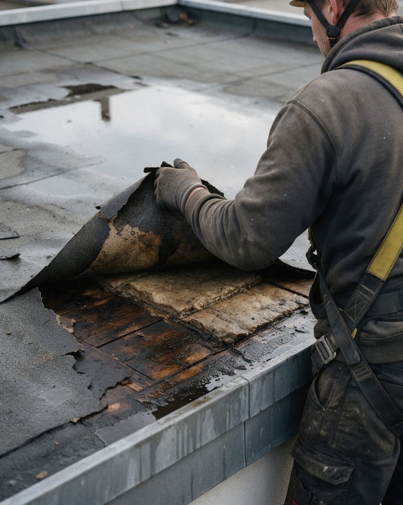 Couvreur soulevant un roofing fatigué sur une volige gorgée d'eau et un isolant tassé