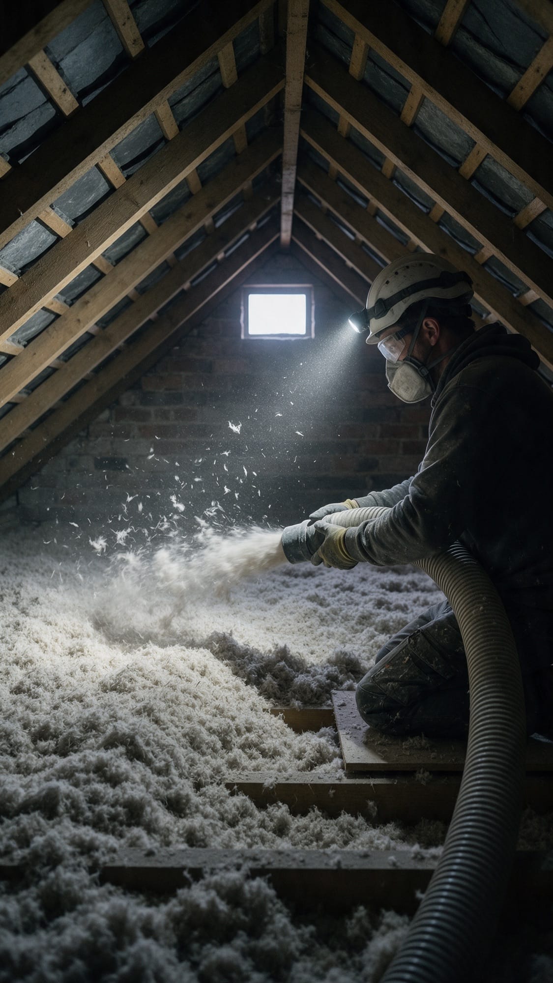 Insufflation de flocons isolants en combles perdus sous la charpente d'un toit en ardoise