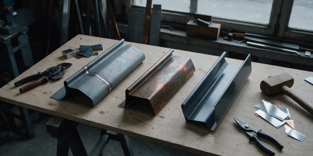 Trois profilés de corniche façonnés en zinc, cuivre patiné et aluminium laqué anthracite