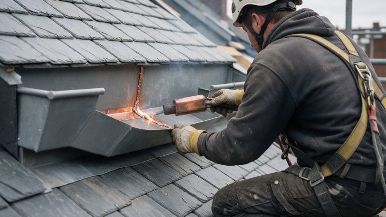 Couvreur soudant à l'étain une jonction de chéneau en zinc sur toiture ardoise