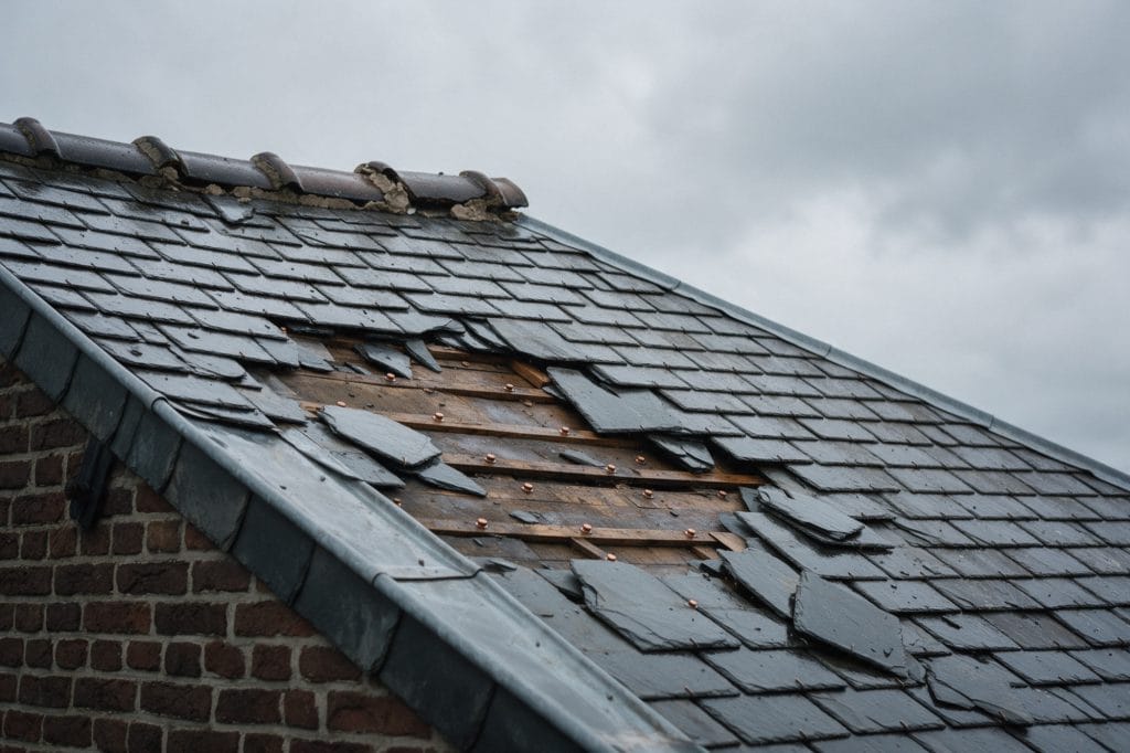 Versant d'ardoises naturelles décoiffé par la tempête, voliges à nu et faîtage descellé