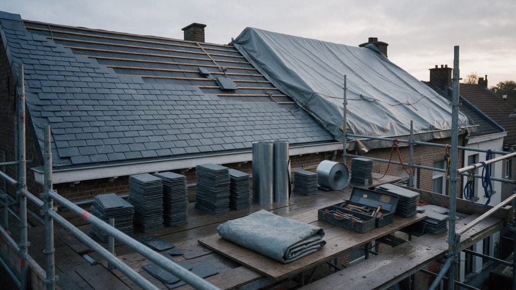 Chantier de couverture rangé le soir : ardoises empilées, rouleaux de zinc et bâche arrimée